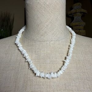 Vintage White Puka Shell Choker Necklace w/ Amber Beads & Barrel Clasp
